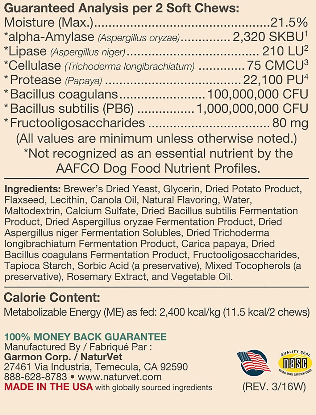 NaturVet Advanced Probiotics & Enzymes Plus Vet Strength PB6 Probiotic Soft Chews Dog Supplement