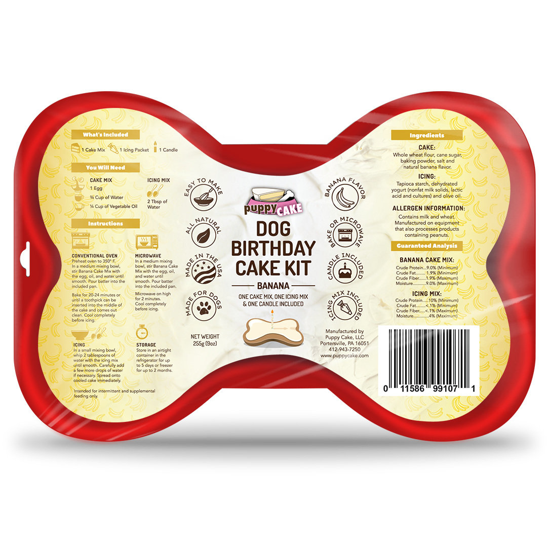 Puppy Cake Dog Birthday Cake Kit- Banana Cake Mix, Icing Mix, and One Candle