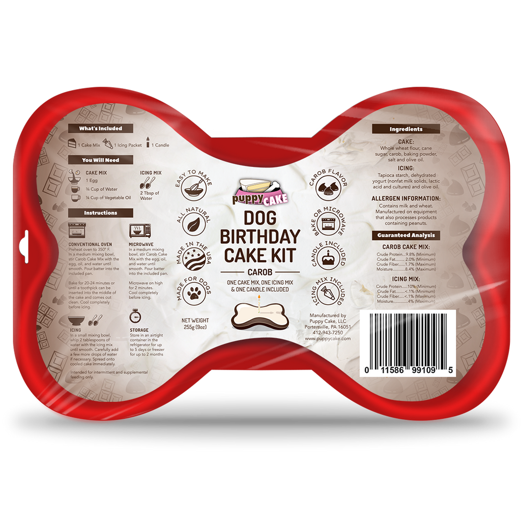 Puppy Cake Dog Birthday Cake Kit- Carob Cake Mix, Icing Mix, and One Candle