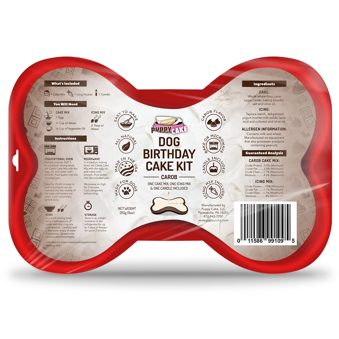 Puppy Cake Dog Birthday Cake Kit- Carob Cake Mix, Icing Mix, and One Candle