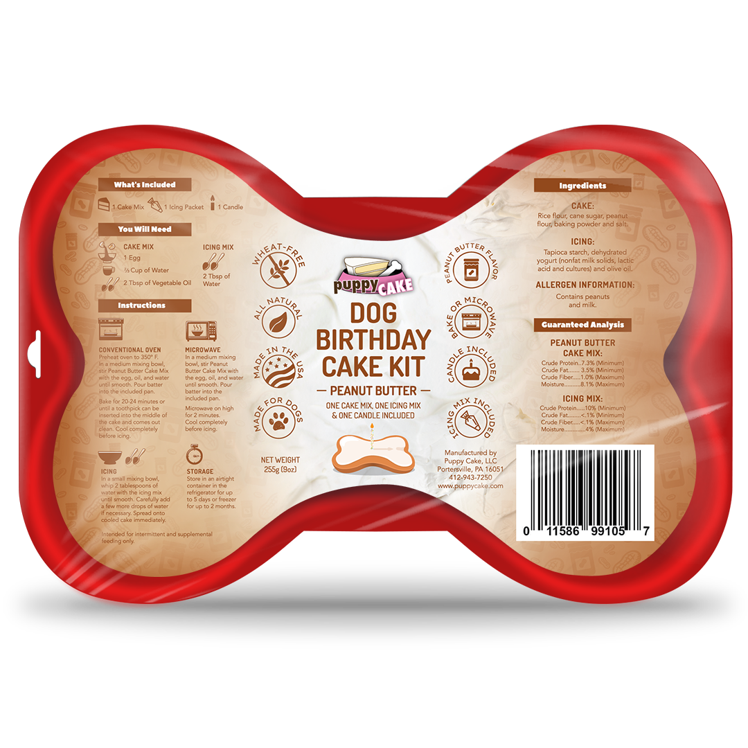 Puppy Cake Dog Birthday Cake Kit- Peanut Butter Cake Mix, Icing Mix, and One Candle