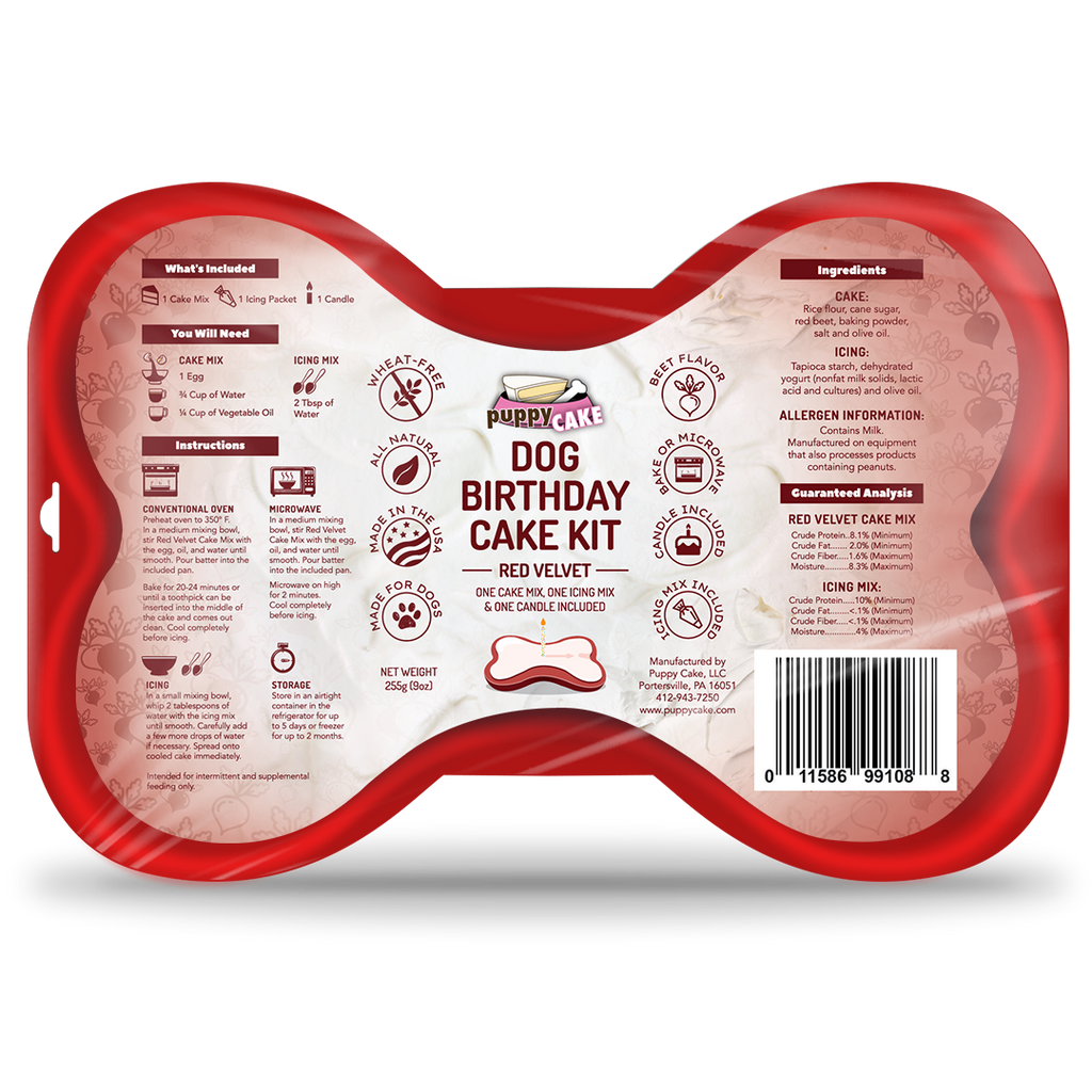 Puppy Cake Dog Birthday Cake Kit- Red Velvet Cake Mix, Icing Mix, and One Candle