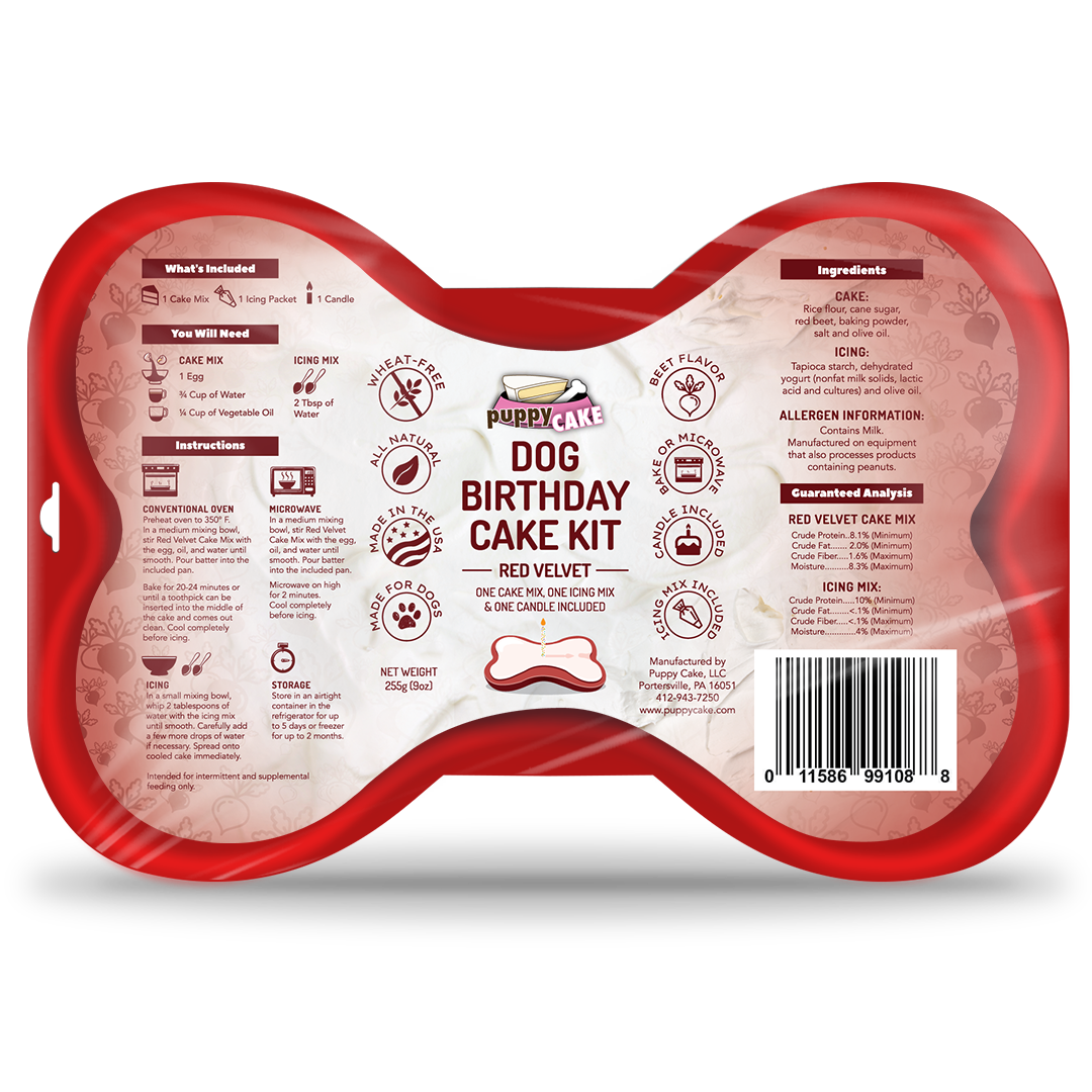 Puppy Cake Dog Birthday Cake Kit- Red Velvet Cake Mix, Icing Mix, and One Candle