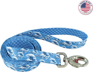 Coastal Sublime Adjustable Dog 6ft Leash- Blue Waves with Blue Checkers