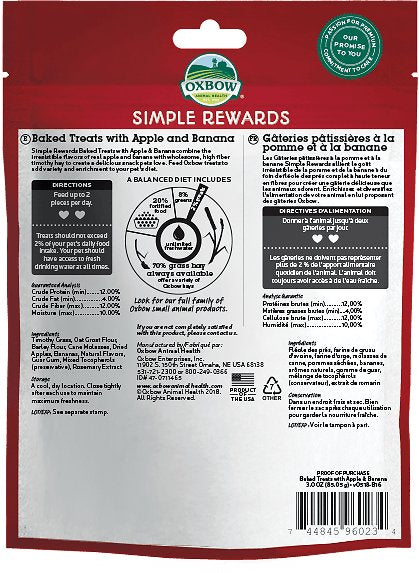 Oxbow Simple Rewards Oven Baked with Apple & Banana Small Animal Treats, 3-oz bag