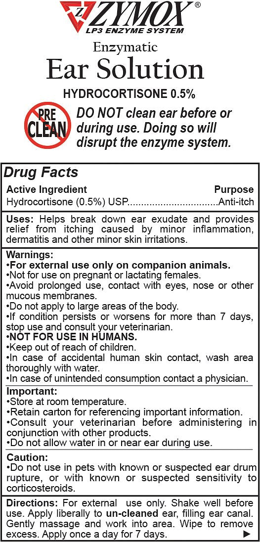 Zymox Ear Solution with .5% Hydrocortisone for Dogs & Cats, 1.25-oz bottle
