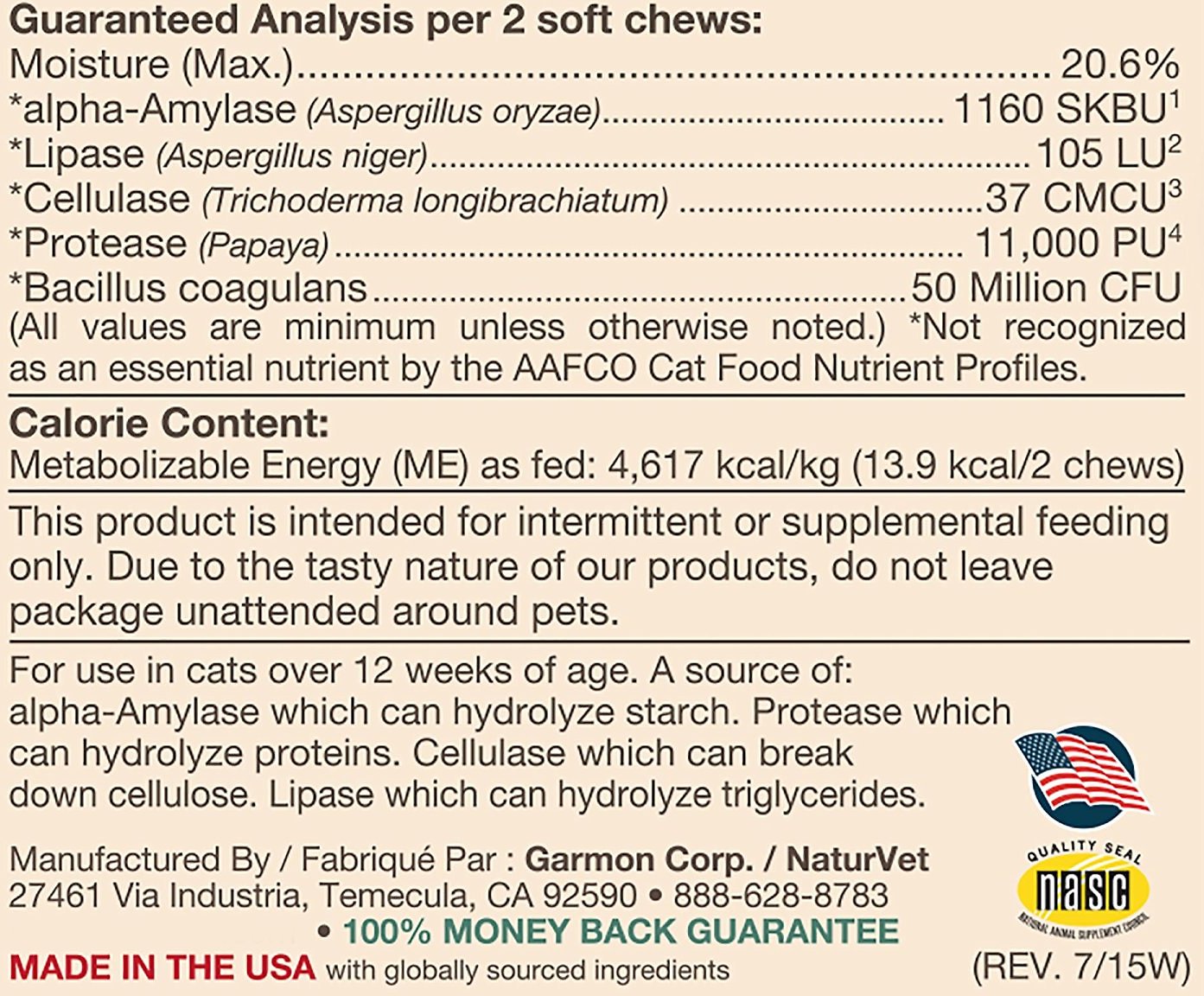 NaturVet Digestive Enzymes Plus Probiotics Cat Soft Chews