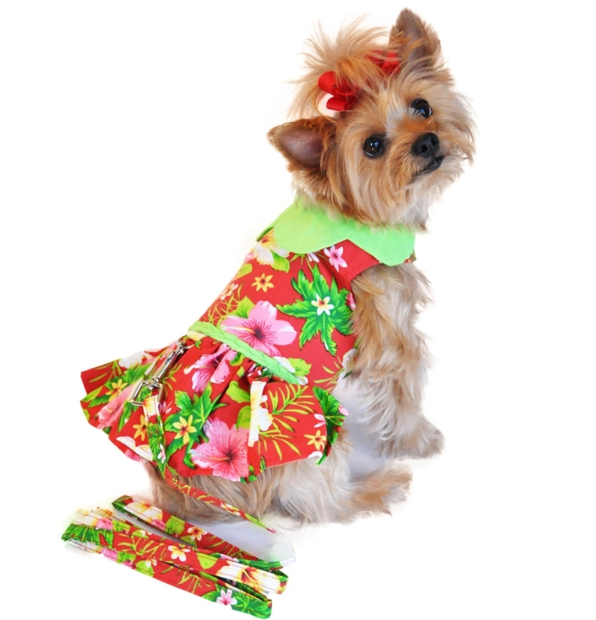Red Hawaiian Dog Dress w/ matching Leash
