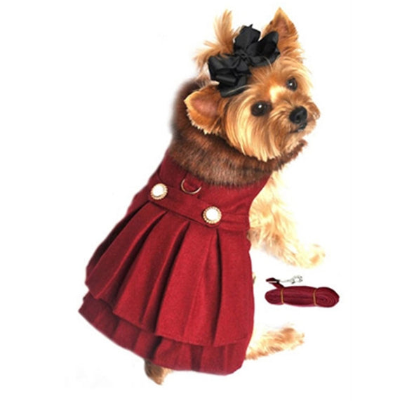 Designer Wool Fur Trimmed Dog Harness Burgundy Coat