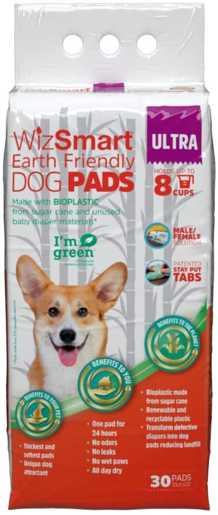 WizSmart Earth Friendly Dog Pads and Puppy Potty Training Pads, Quick Drying, Absorbent, and Odor Free with Stay-Put Tabs