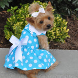 DOGGIE DESIGN - Blue Polka Dot Dog Dress with Matching Leash