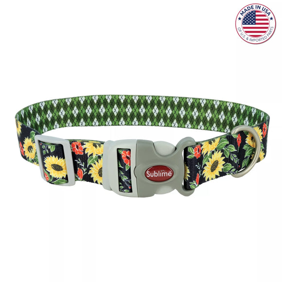 Coastal Sublime Adjustable Dog Collar - Sunflower with Green Argyle