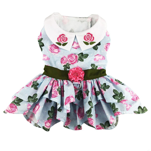 DOGGIE DESIGN Pink Rose Dog Harness Dress with Matching Leash