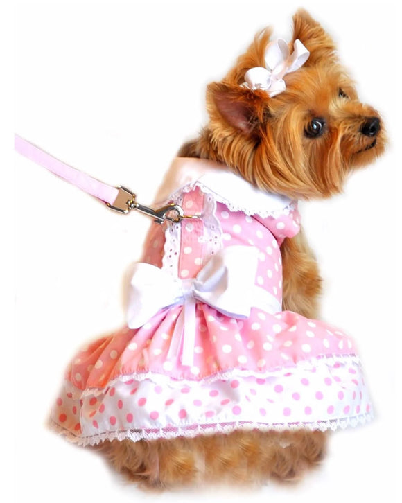DOGGIE DESIGN - Pink Polka Dot and Lace Designer Dog Harness Dress